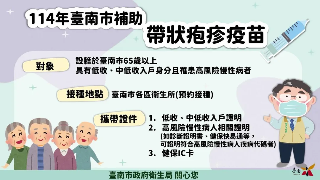 114年台南市補助帶狀疱疹疫苗。（圖／台南市政府衛生局）