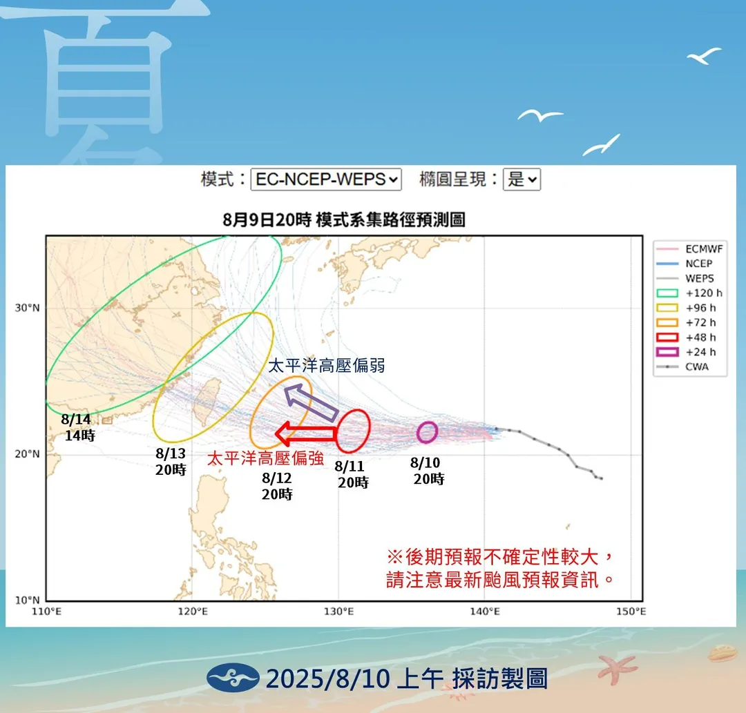 楊柳颱風13、14日逐漸接近臺灣。（圖／中央氣象署）