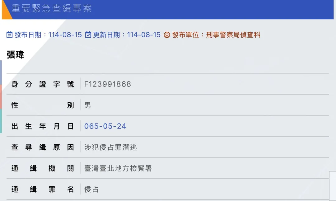 刑事局於官網查緝專刊公布張瑋資料。(圖/翻攝畫面)