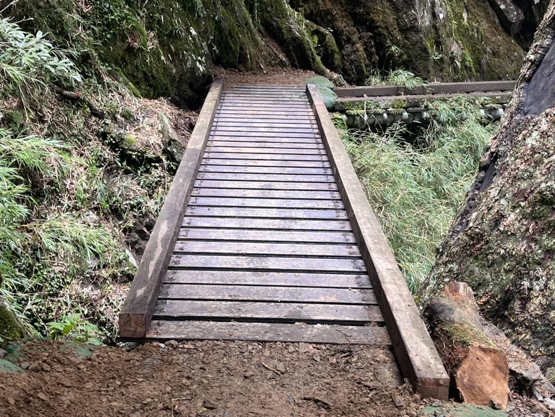 玉山主峰線步道的溪溝棧橋先前遭颱風落石砸毀,最近已修復完成。(圖/翻攝自Facebook@玉山國家公園)