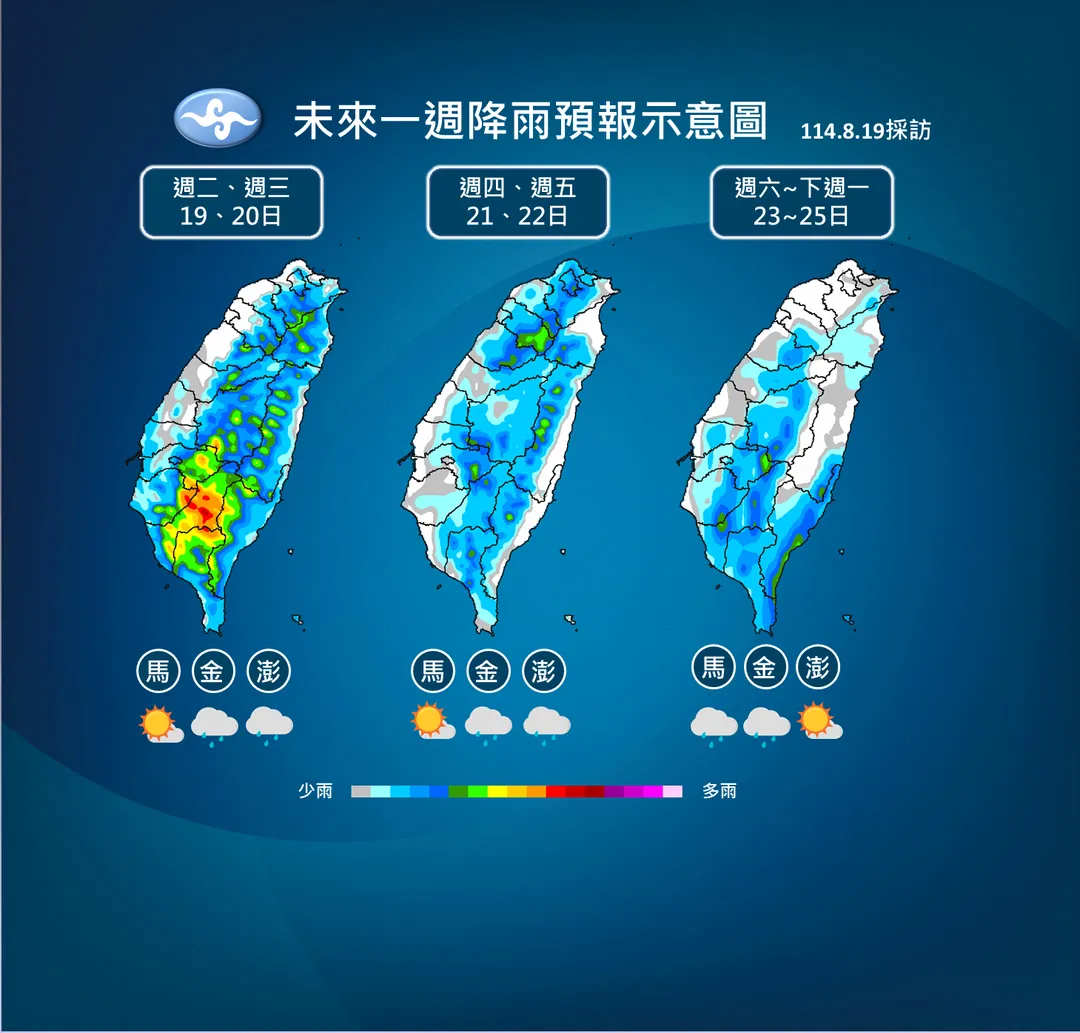 21日至24日台灣附近環境風場將轉為東南或偏東風，午後熱對流的發展空間將逐日縮減，降雨範圍較為侷限在山區，平地天氣則較為穩定。（圖／氣象署）