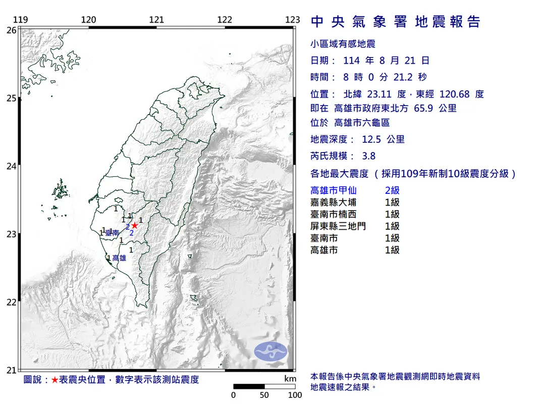 高雄六龜發生規模3.8地震。（圖／中央氣象署）