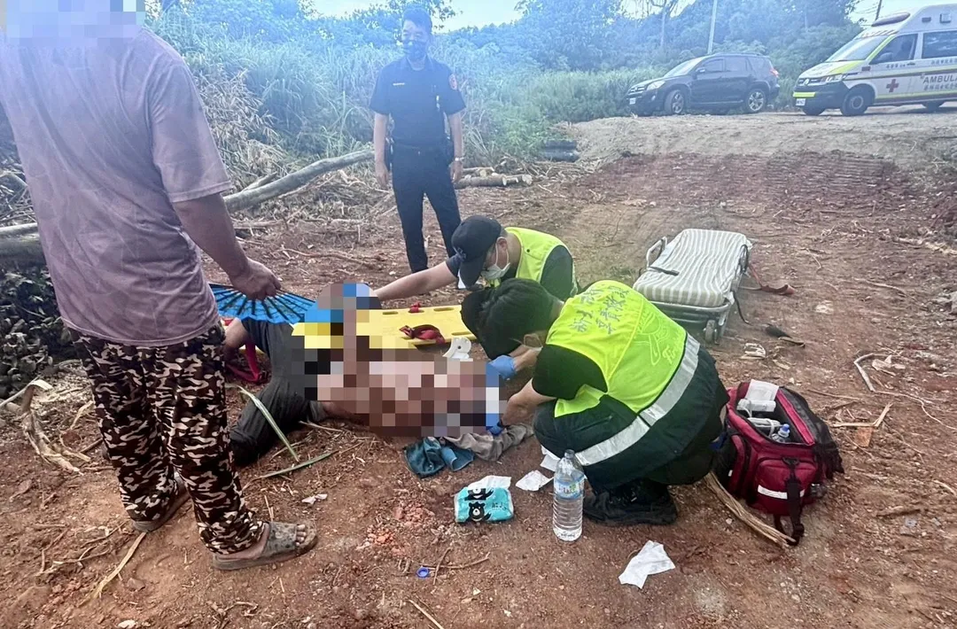 男子遭樹枝砸中頭部救護人員救治。（圖／翻攝畫面）