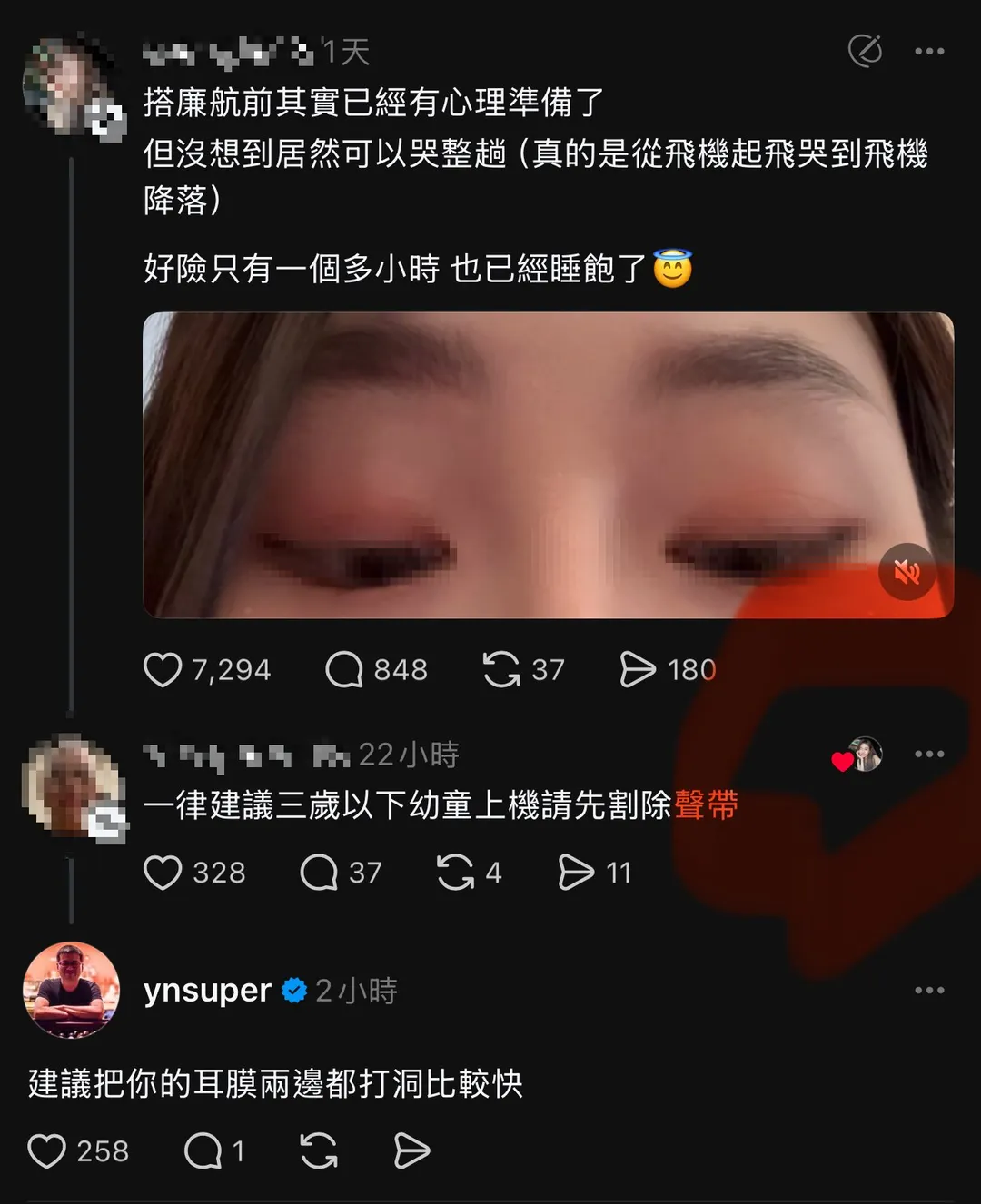 一位女士抱怨飛機上有幼童哭鬧，竟有網友留言建議３歲以下幼童割聲帶。（圖／翻攝自蘇怡寧愛碎念臉書）