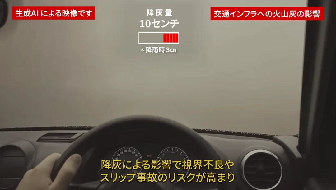 火山灰厚度超過10公分時，車輛將因視線不良等因素無法行駛。（圖／翻攝YT「東京都總務局總合防災部頻道」）