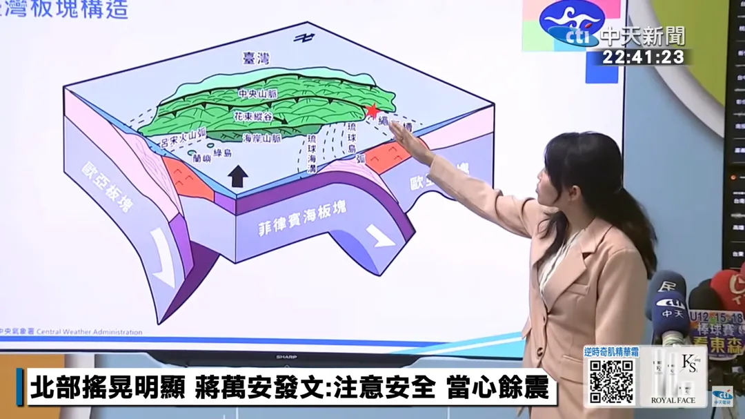 宜蘭27日晚間地震是由菲律賓海板塊往歐亞大陸板塊隱沒造成。（圖／中天新聞）