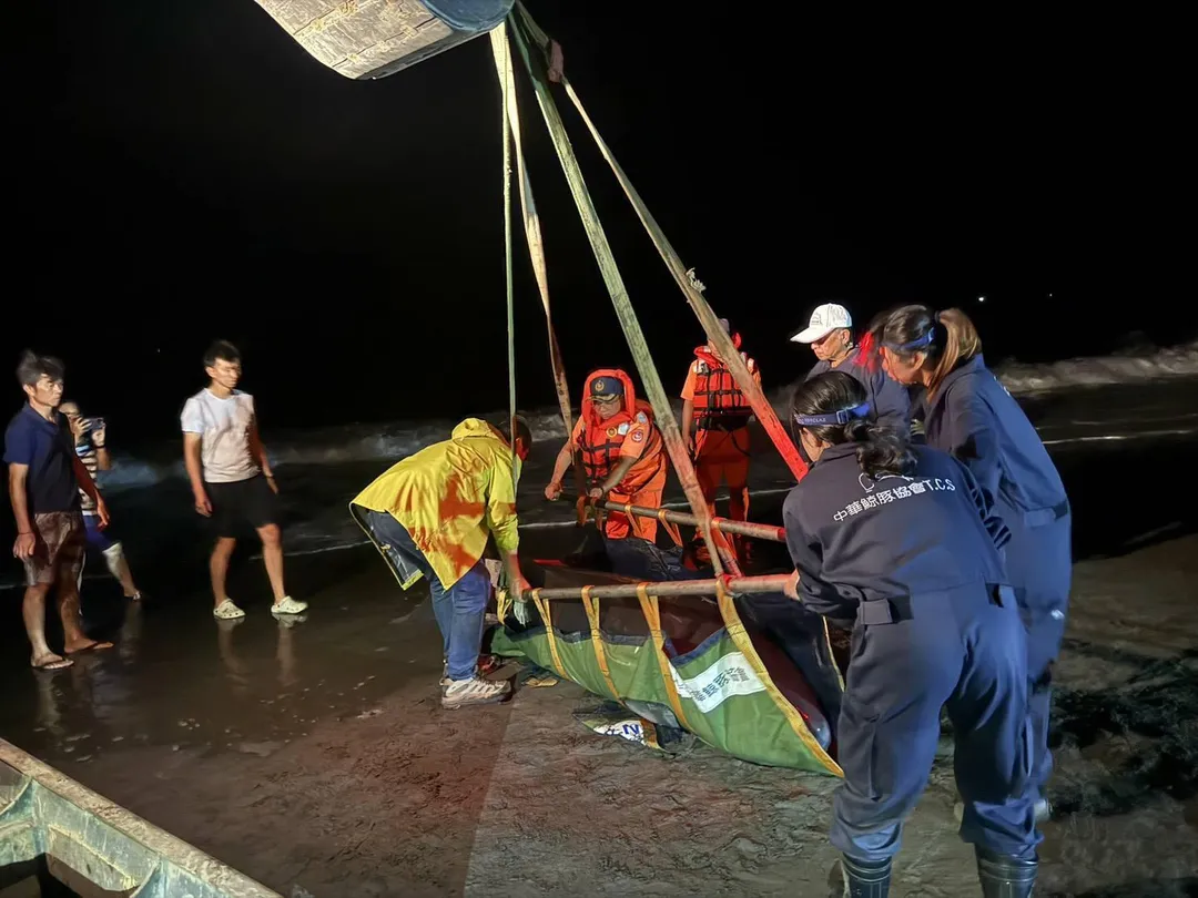 宜蘭蘇澳嶺腳沙灘27日傍晚，小抹香鯨母子擱淺，已由海巡署等單位緊急送往宜蘭動植物防疫急救中心。（圖／翻攝畫面）