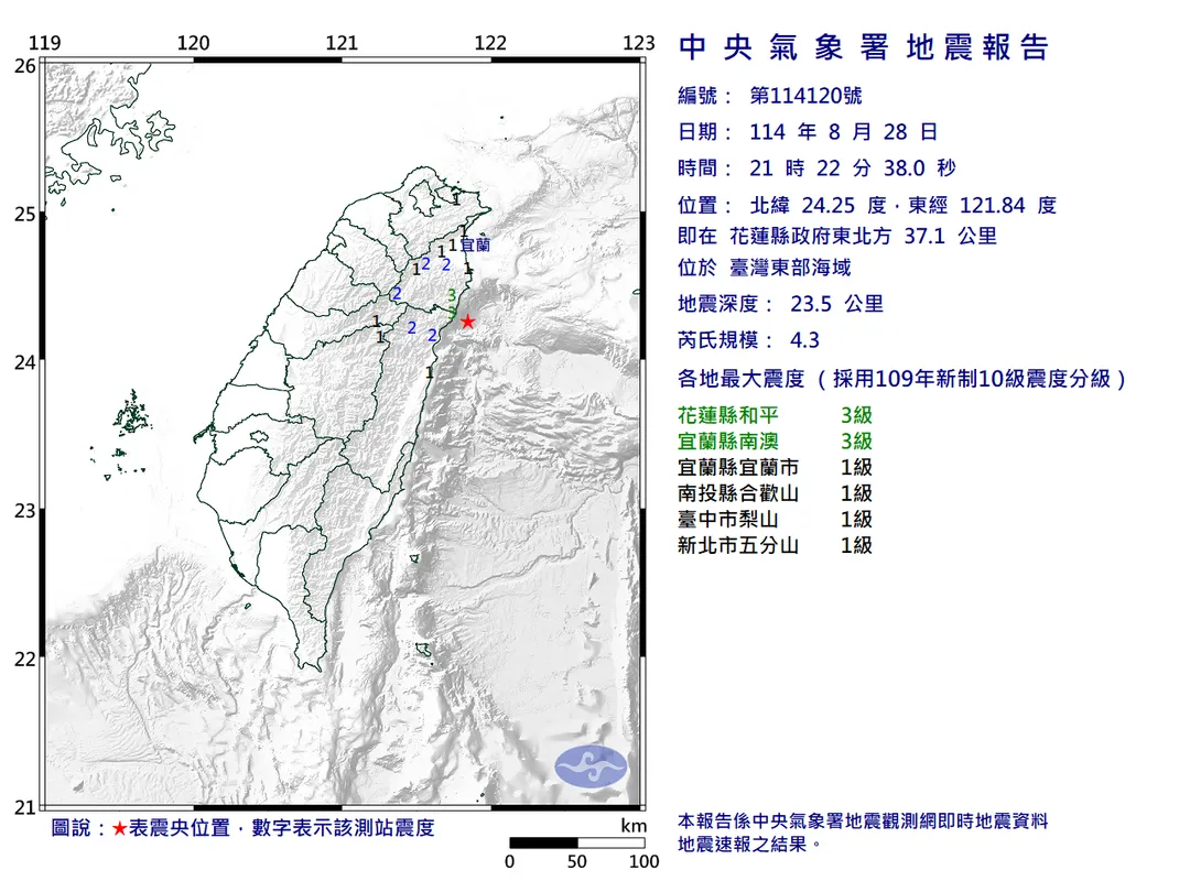 台灣東部外海發生有感地震。（圖／氣象署）