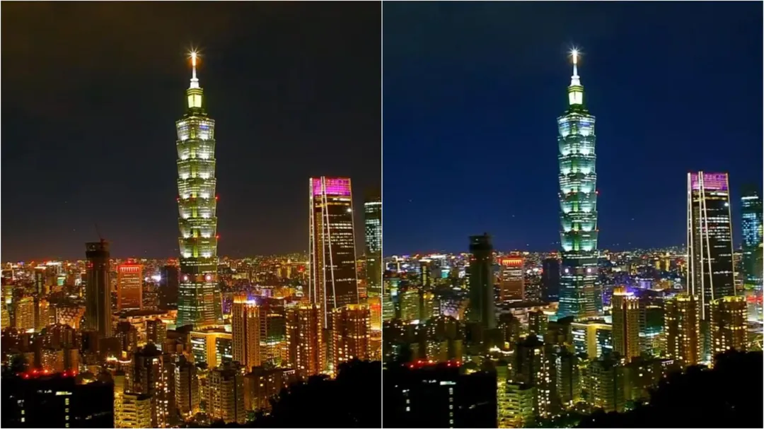 網友分享27日晚間9時11分地震後，象山鏡頭君拍下的畫面，地震前天空偏紅，地震後卻偏藍，推測可能是自動校正白平衡所導致。（圖／翻攝自台北觀光即時影像）