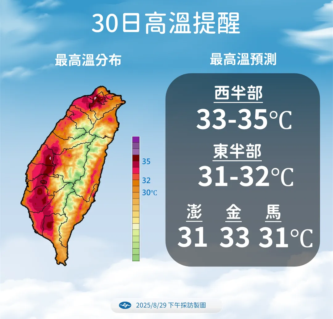 北部和彰化縣30日要留意高溫，雙北地區上看38度。（圖／中央氣象署提供）