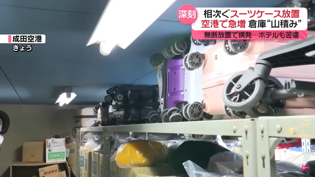 無主廢棄行李箱在成田機場警署的保管室內堆積如山，但這並非個案。（圖／NTV）