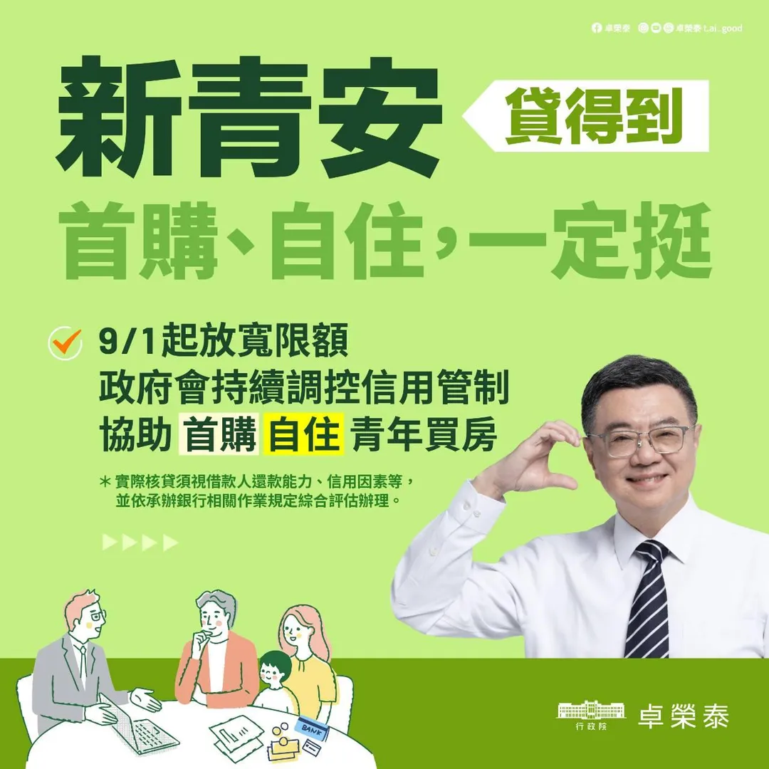台灣推出「新青安」政策，希望減輕年輕人購屋壓力。(圖/行政院)