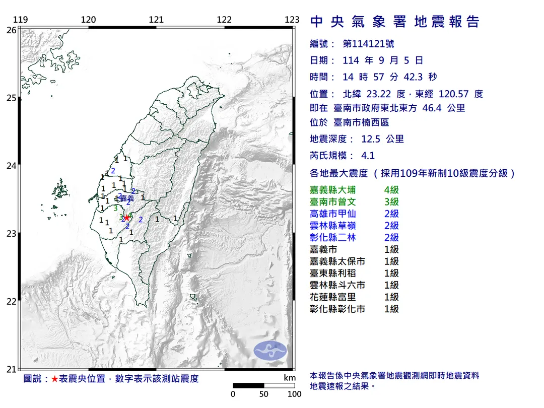 台南楠西發生有感地震。（圖／氣象署）