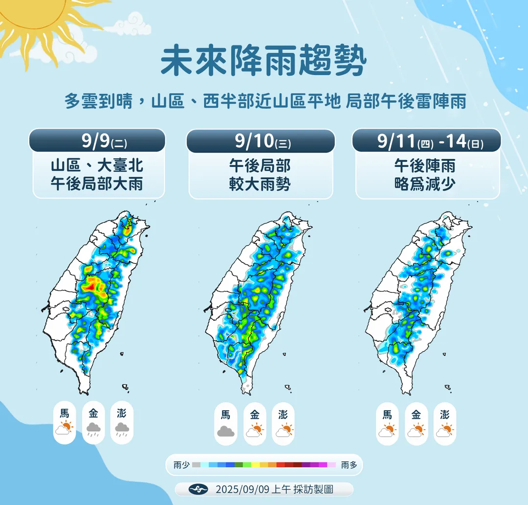 雨勢在本週中期略為增加，之後降雨範圍逐漸縮小。（圖／中央氣象署提供）