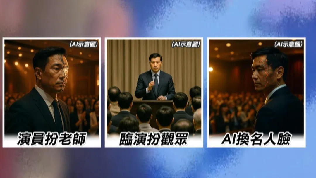 先以臉書廣告吸引群眾，再假冒名人授課，接著動員群演製造假盛會，最後以AI換臉影片瘋傳。（圖／金牌特派）