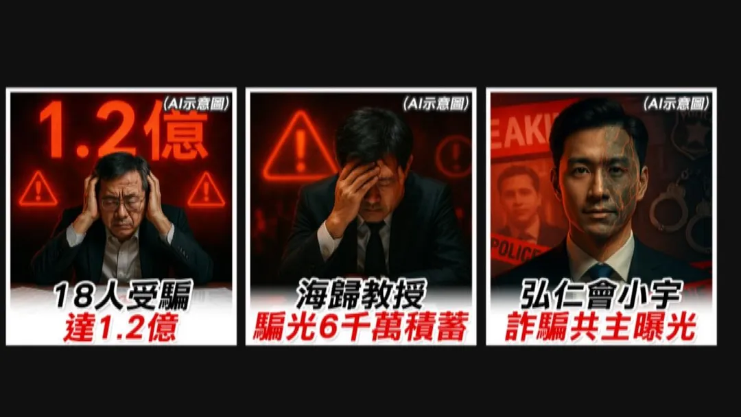 18人受騙達1.2億元、海歸教授騙光6千萬積蓄、弘仁會小宇詐騙共主曝光。（圖／金牌特派）