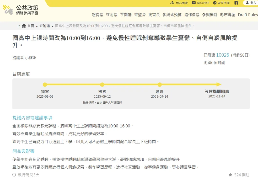 民眾發起國高中生上課時間改為10點開始的連署案。（圖／翻攝自公共政策網路參與平台網站）