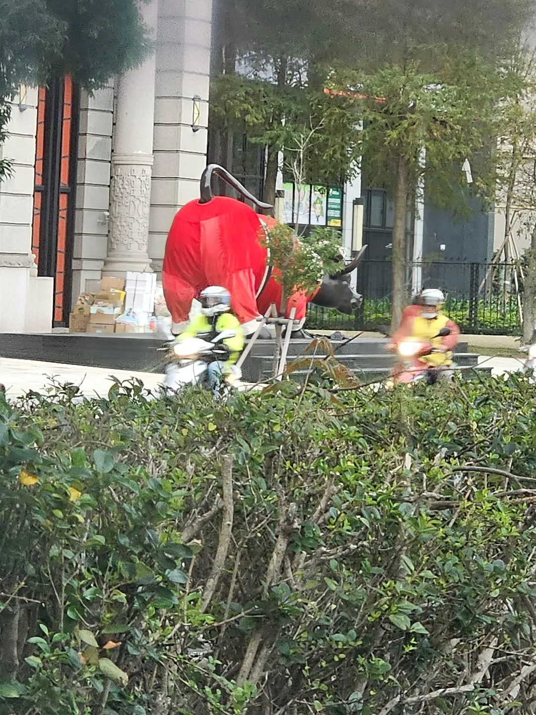 江海大樓的裝置藝術「水牛」時常換裝。(圖/翻攝自竹北大小事臉書社團)