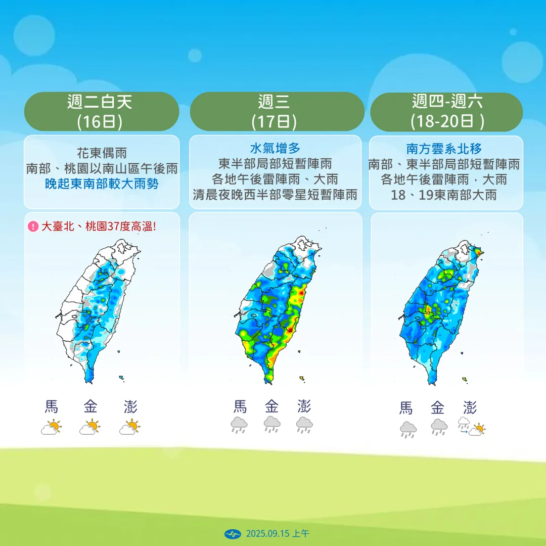 今日雙北高溫可達37至38度。（圖／中央氣象署）