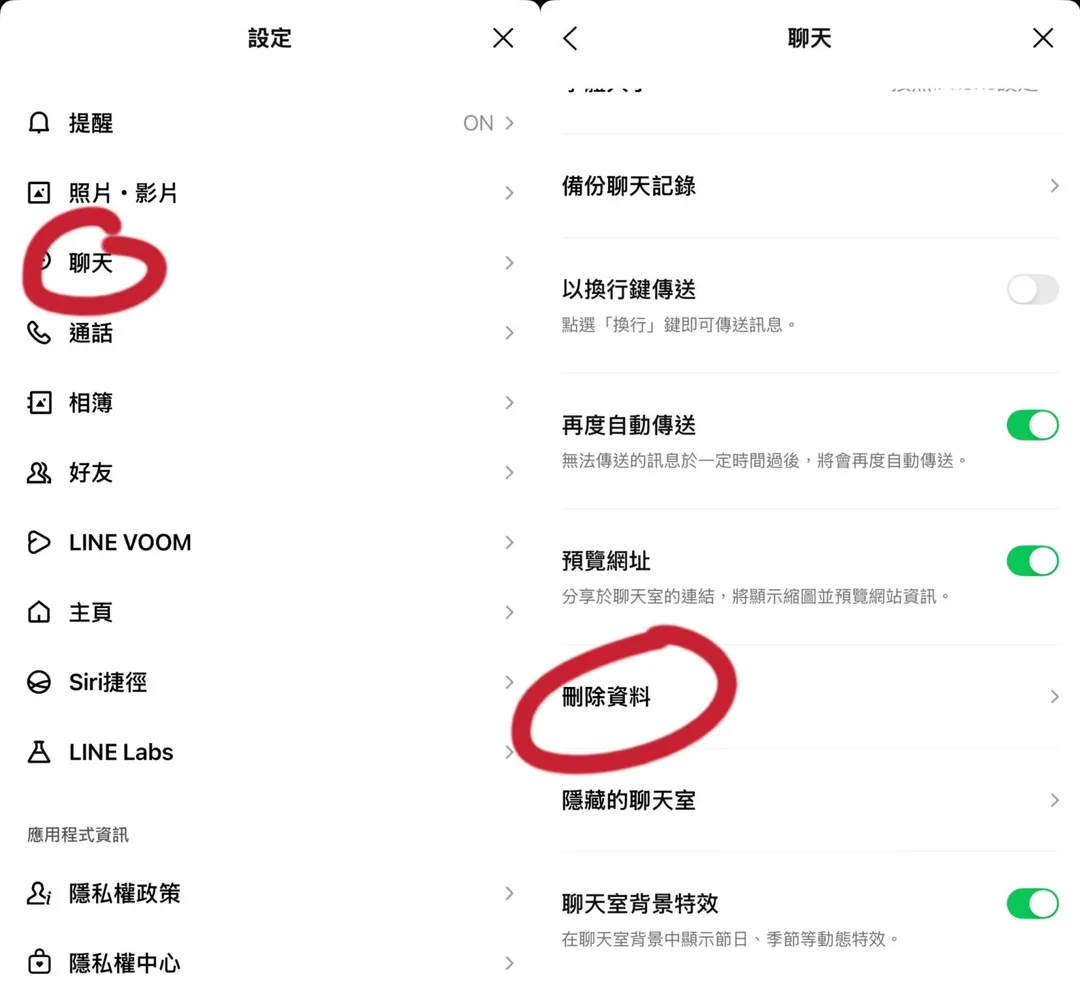 進入LINE的設定選單,接著點選「聊天」、「刪除資料」,最後選擇「依聊天室刪除資料」,就可以查看自己最常聊天的對話框。(圖/記者鄭緯浩翻攝,下同)