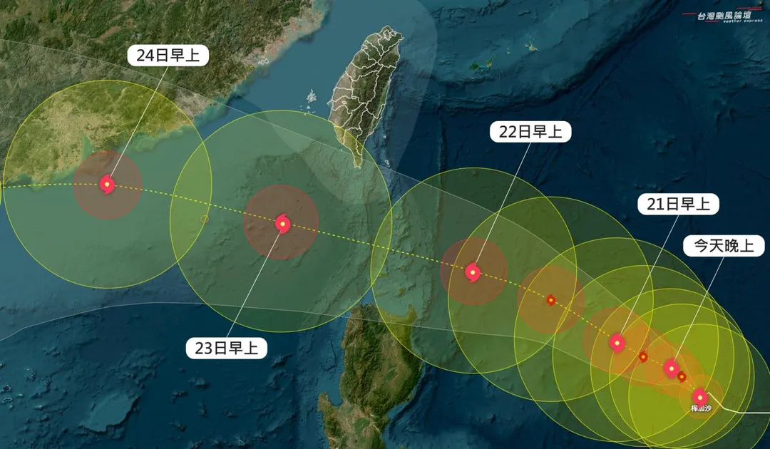 樺加沙暴風圈將在22日下午接觸恆春半島及台東陸地。（圖／翻攝自臉書／台灣颱風論壇｜天氣特急）