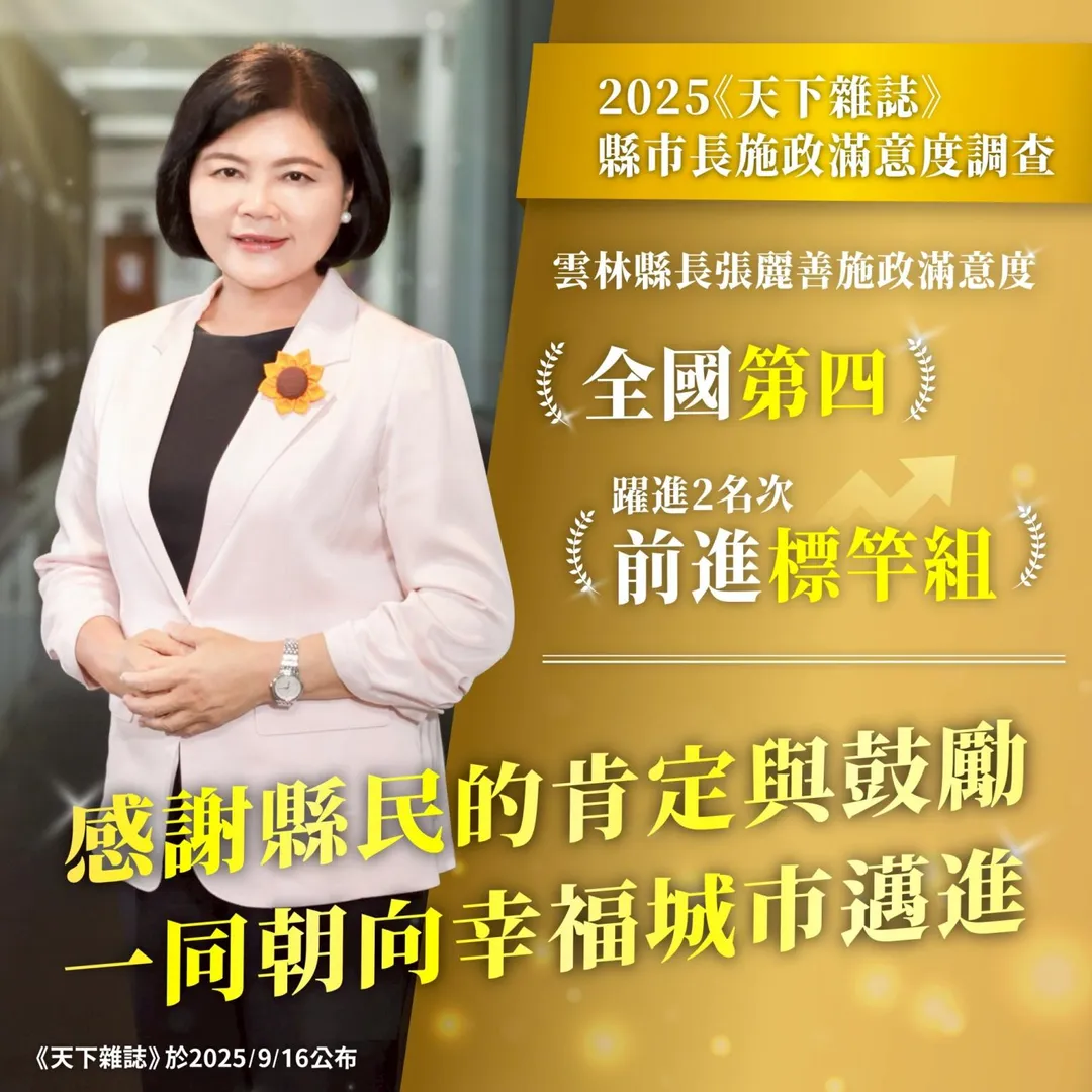 雲林縣奪2025天下雜誌「標竿首長獎」與四座城市治理優選。(圖/雲林縣府提供)