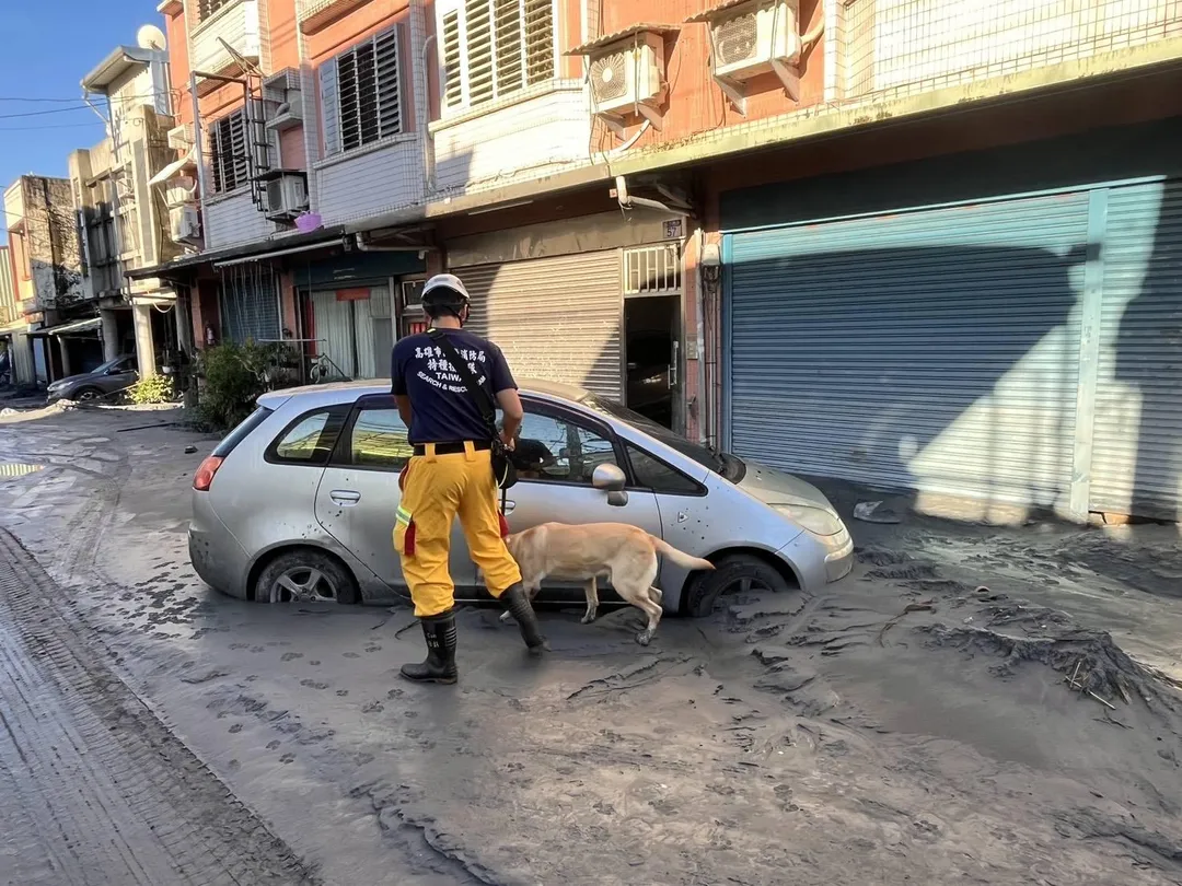 高市特搜隊出動45名搜救人員、5隻搜救犬連夜趕赴現場協助救災。（圖／高市消防局提供，下同）