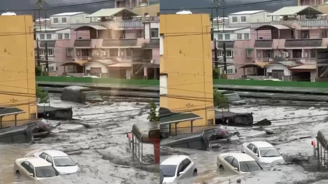 2025年9月23日下午，花蓮馬太鞍溪突發堰塞湖溢流，洪水20分鐘內沖斷馬太鞍溪橋，橋墩孤立於黑色洪流中。（圖／中天新聞）