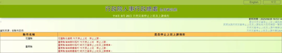 台東縣政府於26日晚間宣布,因通行受阻,縣府決定海端鄉霧鹿村及利稻村於27日實施停止上班上課措施。(圖/行政院人事行政總處 )