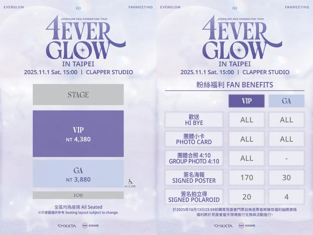 EVERGLOW台北見面會票價（左圖）與福利（右圖）。（圖／RNR SQUARE TAIWAN 提供）