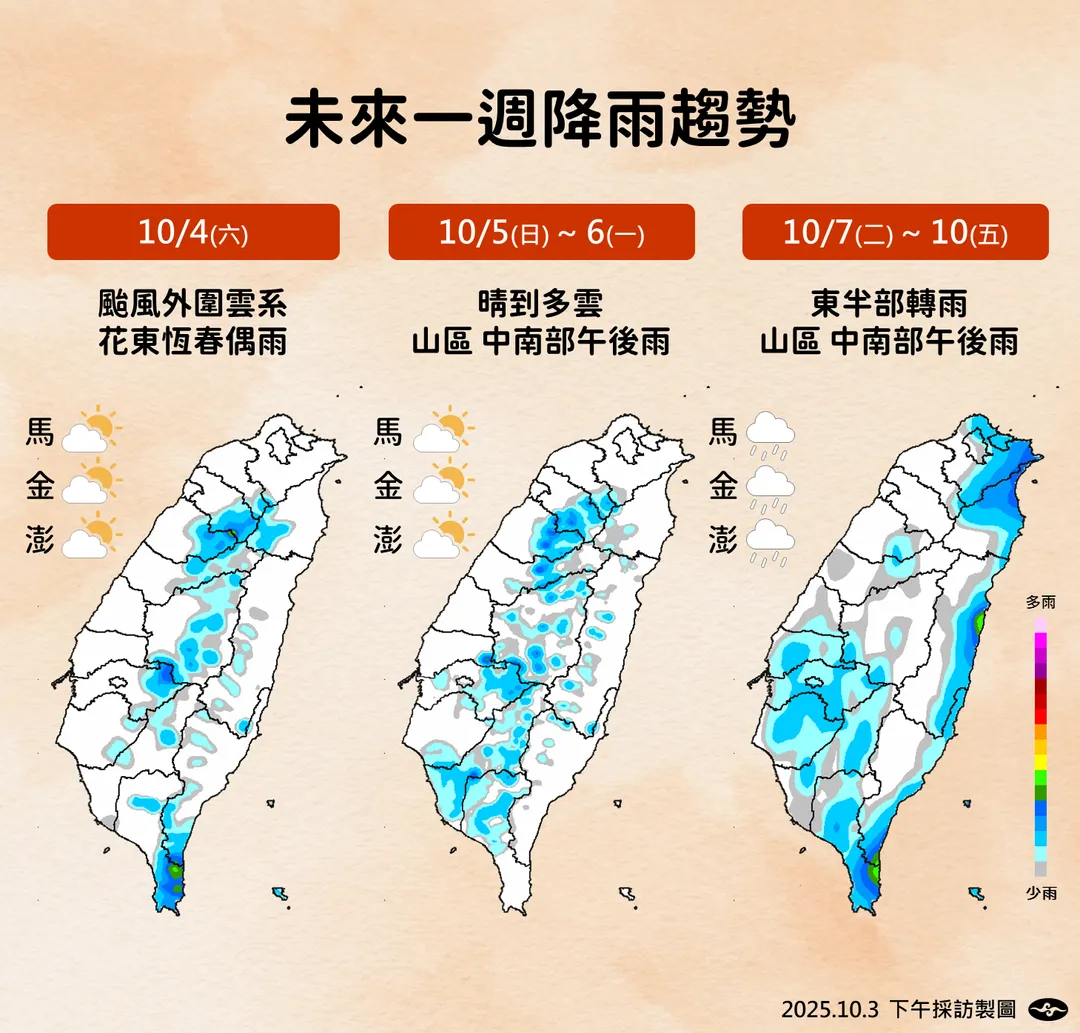 麥德姆颱風外圍環流和東風將帶入陣陣水氣,午後需留意雷雨發生機會。(圖/中央氣象署提供)