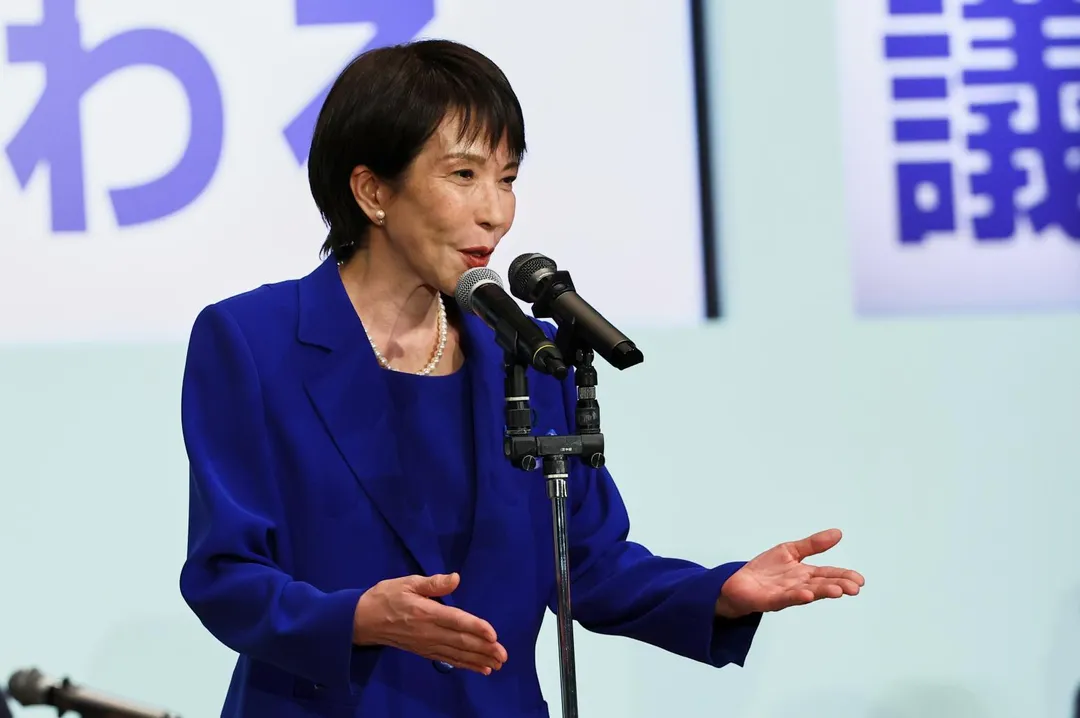 高市早苗於當選後發表演說。（圖／美聯社）