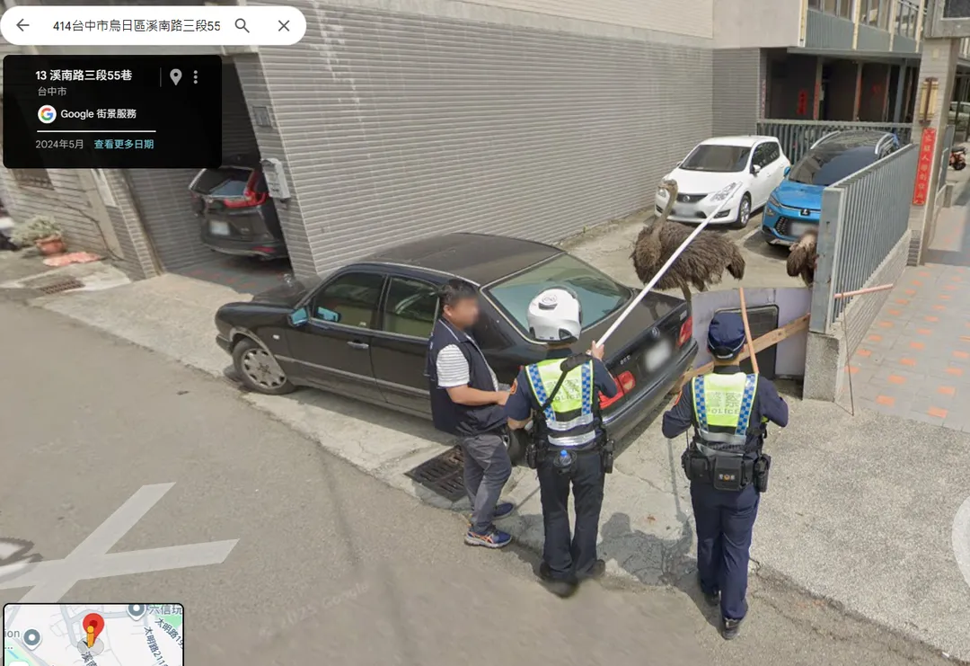 Google街景意外捕捉「鴕鳥逃亡」遭警方包圍的逗趣影像。（圖／翻攝自Google地圖，下同）