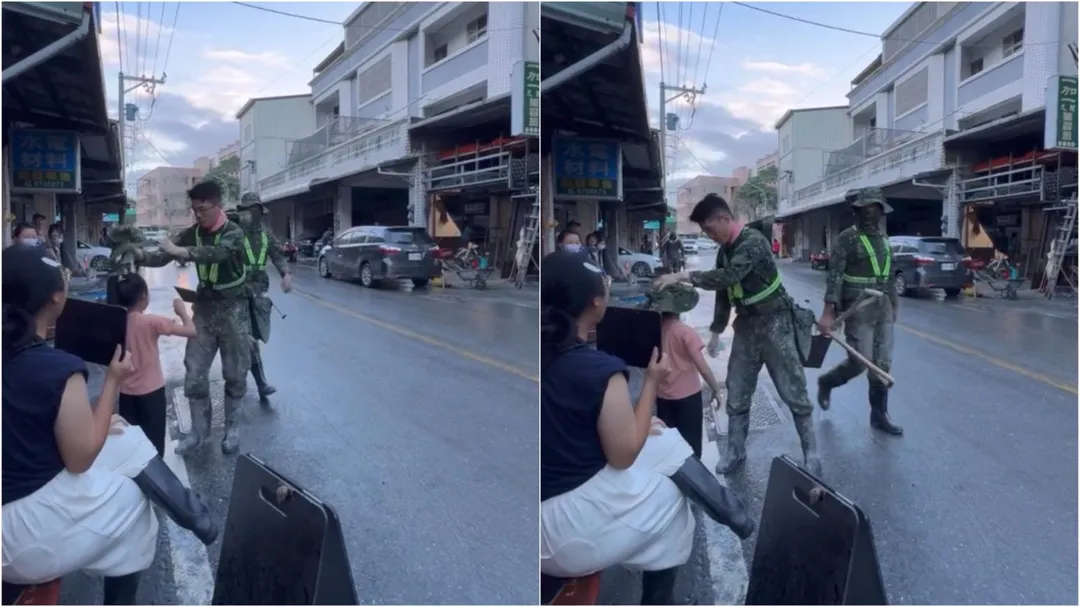 國軍送帽給小女孩的短片在網路引起熱烈討論。(圖/翻攝自Threads/hsiu_0323)