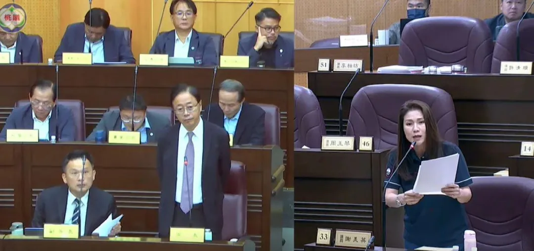市議員謝美英（右）呼籲桃園市長張善政（左）爭取輝達海外總部落腳桃園。（圖／桃園市議會直播系統）