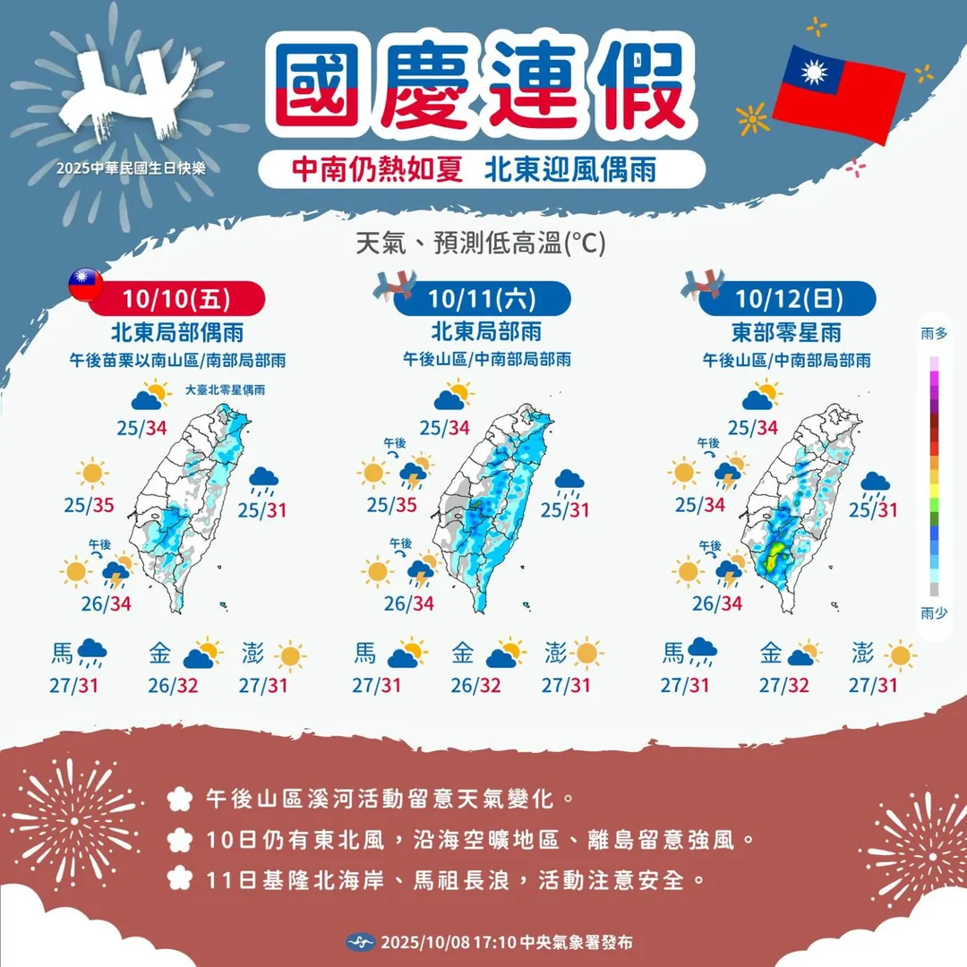 國慶連假天氣。（圖／中央氣象署）
