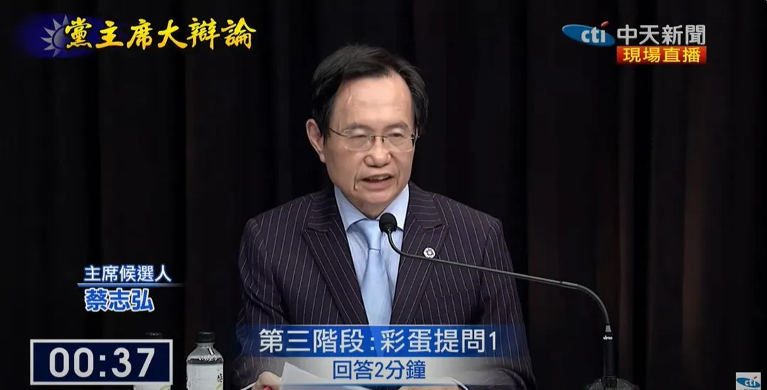 黨主席候選人之一蔡志弘回答。（圖／中天新聞）