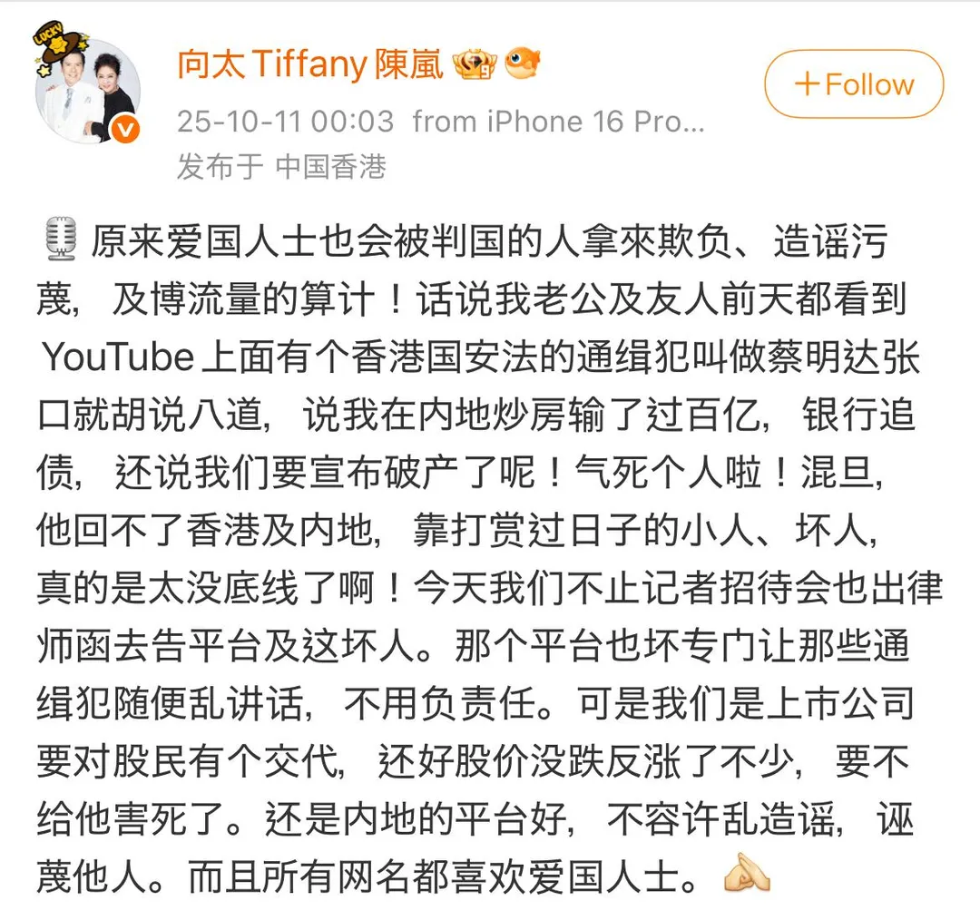 「向太」陳嵐發文揭露爆料者是個被通緝的網友。（圖／翻攝自微博@向太Tiffany陳嵐）