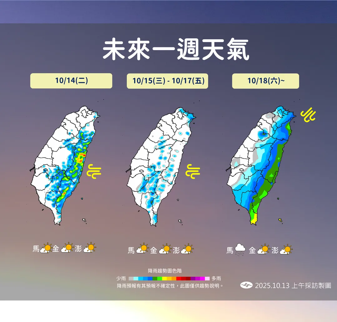 東北風本週末起帶來水氣,迎風面的北部、東半部降雨較明顯。(圖/中央氣象署提供)