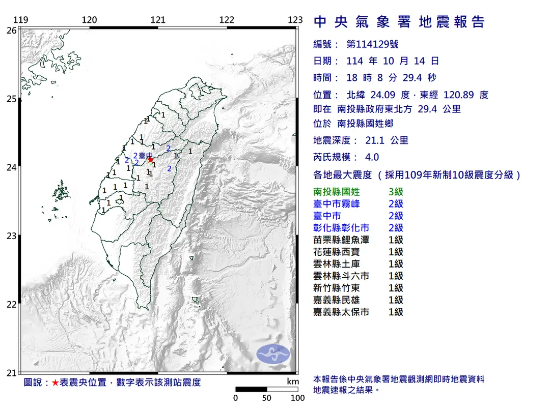 南投縣發生芮氏規模4.0地震,震央位於南投縣國姓鄉。(圖/氣象署)