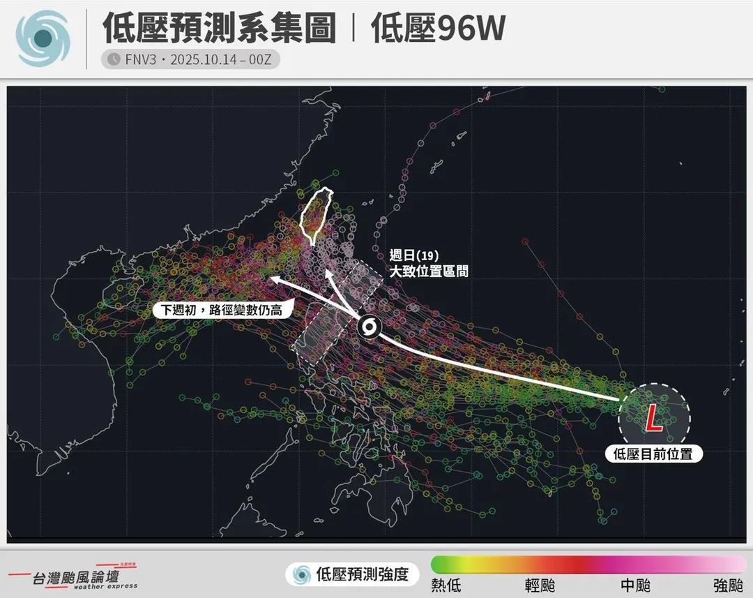 粉專指出下週一會是準颱風離台灣最近的時候。（圖／翻攝自臉書／台灣颱風論壇｜天氣特急）