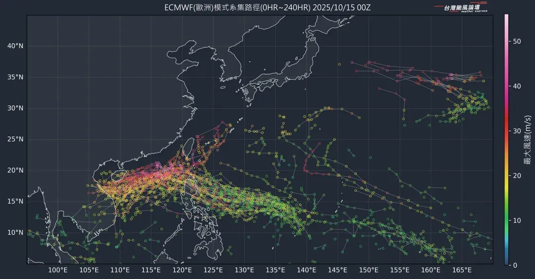 準風神颱風ECMWF(歐洲)模式系集路徑。（圖／翻攝自「台灣颱風論壇｜天氣特急」臉書）