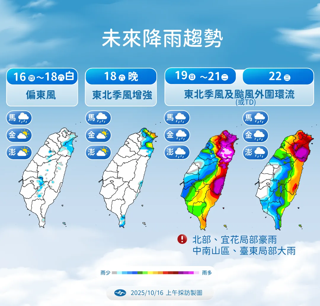 下週受颱風外圍環流及東北季風影響,全台易有降雨發生。(圖/中央氣象署)