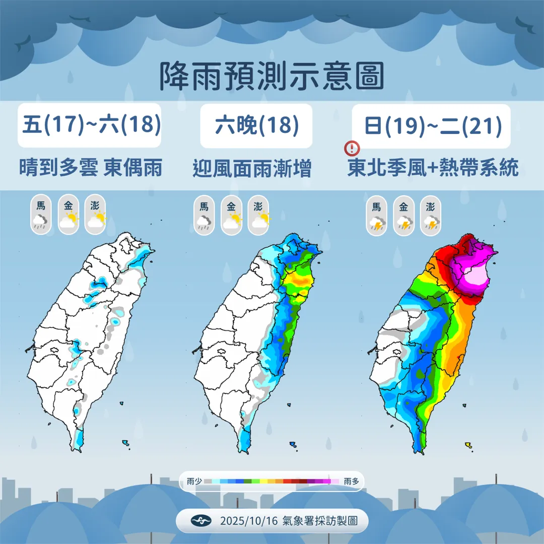 本週末起東北季風增強且受熱帶系統影響，北部、東半部因共伴效應有明顯雨勢。（圖／中央氣象署提供）