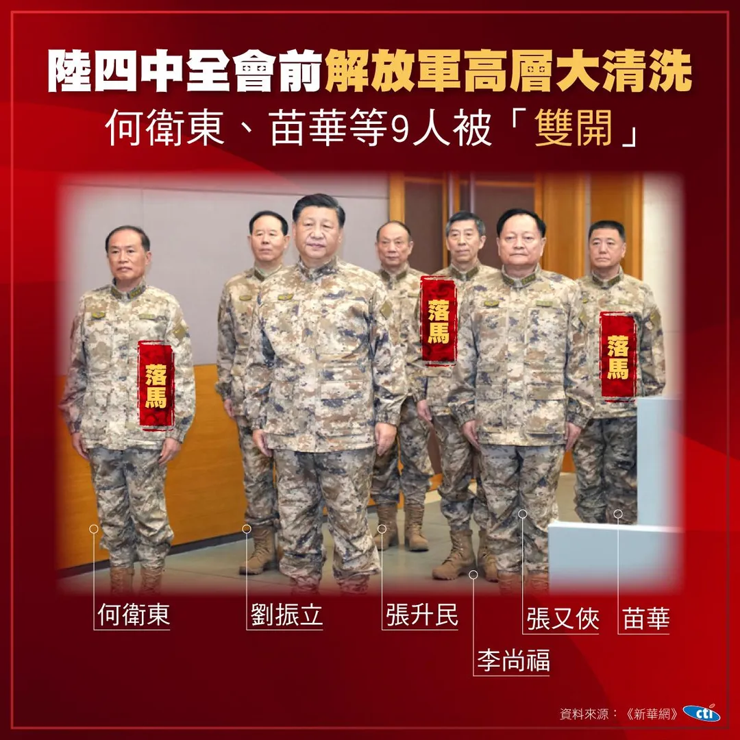圖為2022年11月8日，習近平視察軍委聯合作戰指揮中心。圖左一為何衛東、右一為苗華。（圖／中天新聞）