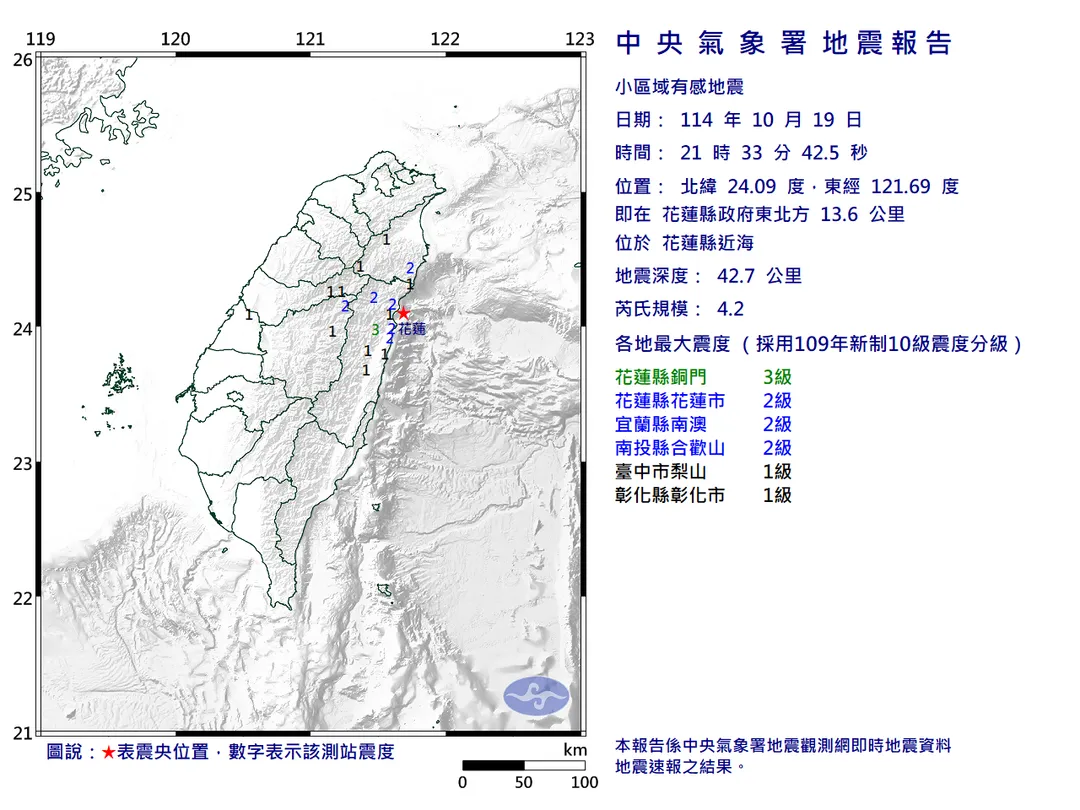 花蓮縣近海19日晚間9時33分發生規模4.2小區域有感地震。（圖／翻攝自中央氣象署官網）