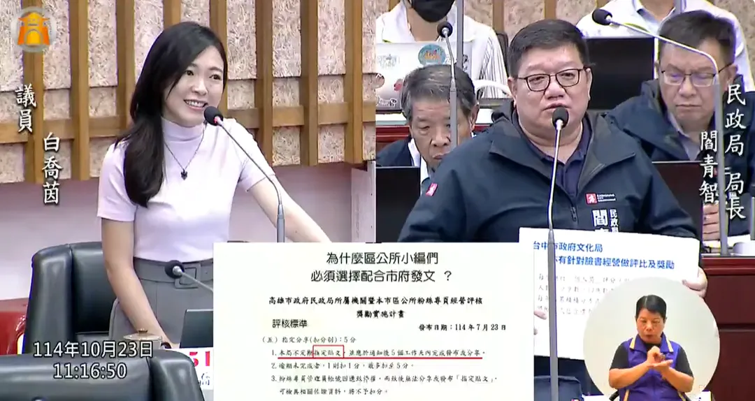 高雄市議員白喬茵23日質詢民政局長閻青智。（圖／翻攝高雄市議會YT）