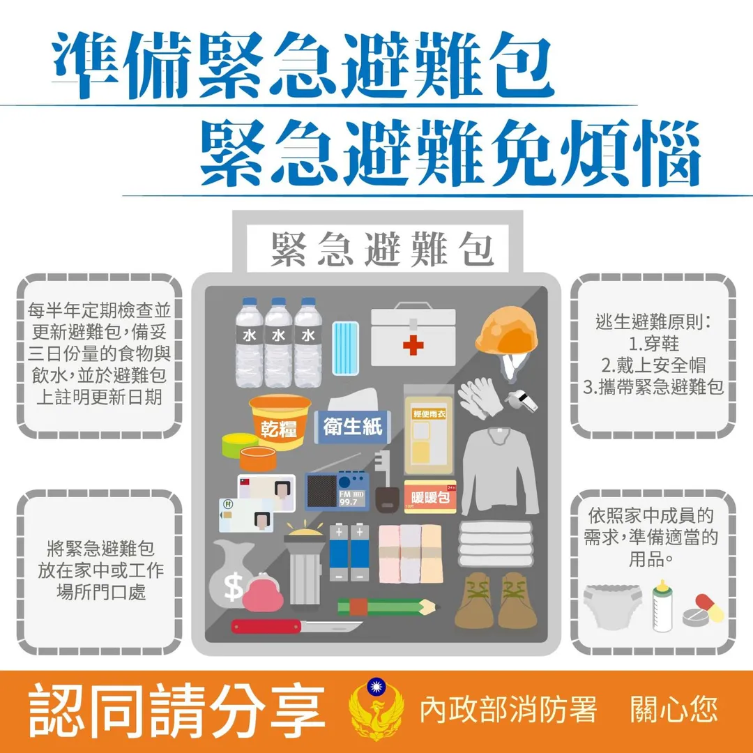 南投縣政府發佈消息,提醒民眾近期南投地區出現震動,呼籲大家務必檢查自家的緊急避難包。(圖/南投縣政府臉書)