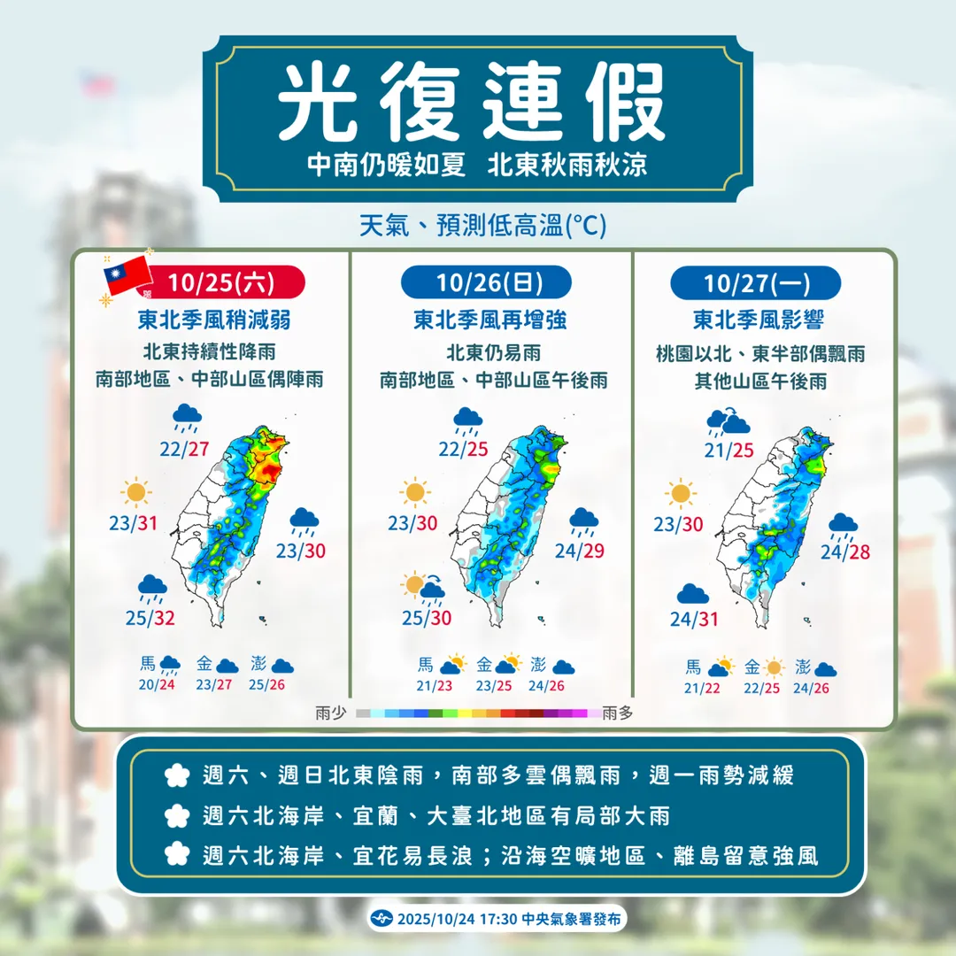 光復連假天氣一次看。(圖/中央氣象署)