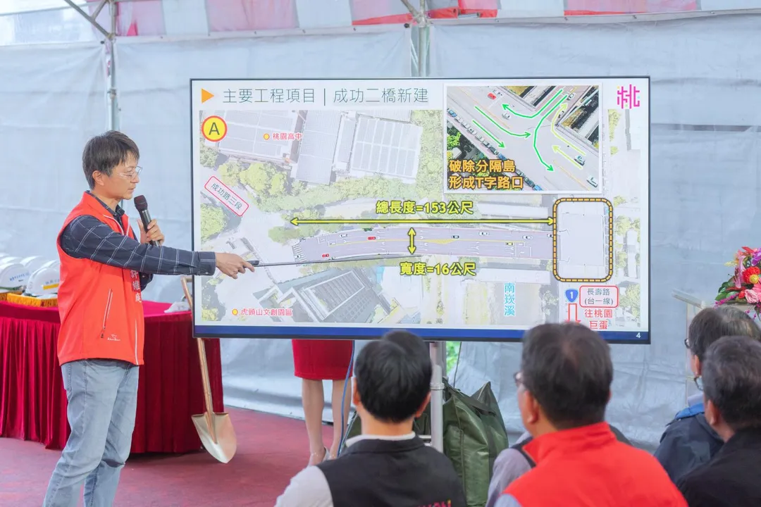 現場說明成功二橋整個評估狀況。（圖／桃園市政府）